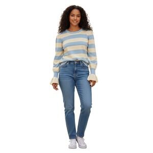 Who What Wear Womens Striped Puff Sleeve Ruffle Cuff Crewneck Sweater Blue Cream